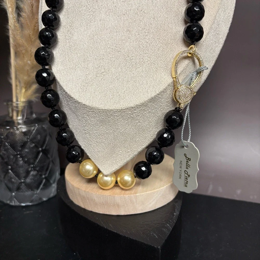 Bella Pietra Black Onyx Beaded Necklace | Pearl Accent‎ Crystal Clasp | NWT